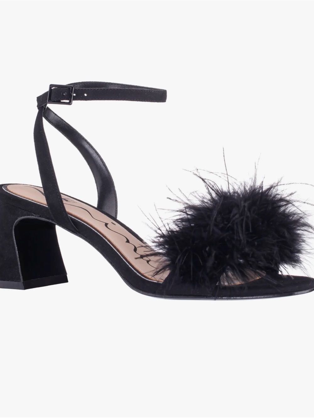 Nina Black Feather-Trim Block Heel Sandals